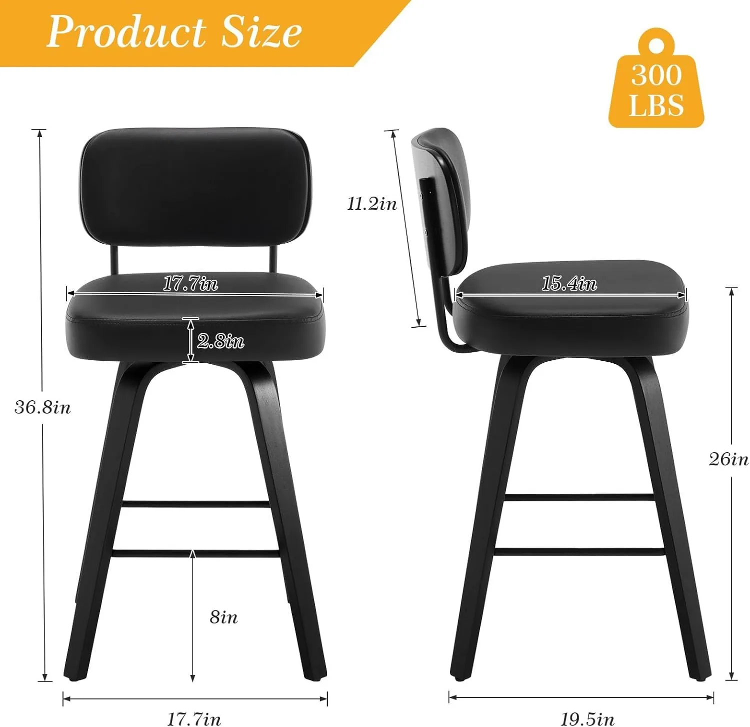 Swivel Counter Height Bar Stools Set of 4, 26" Upholstered Faux Leather Barstools with Back, Bar Chairs Island Stools for Kitchen Counter, Black Wood Frame, Black
