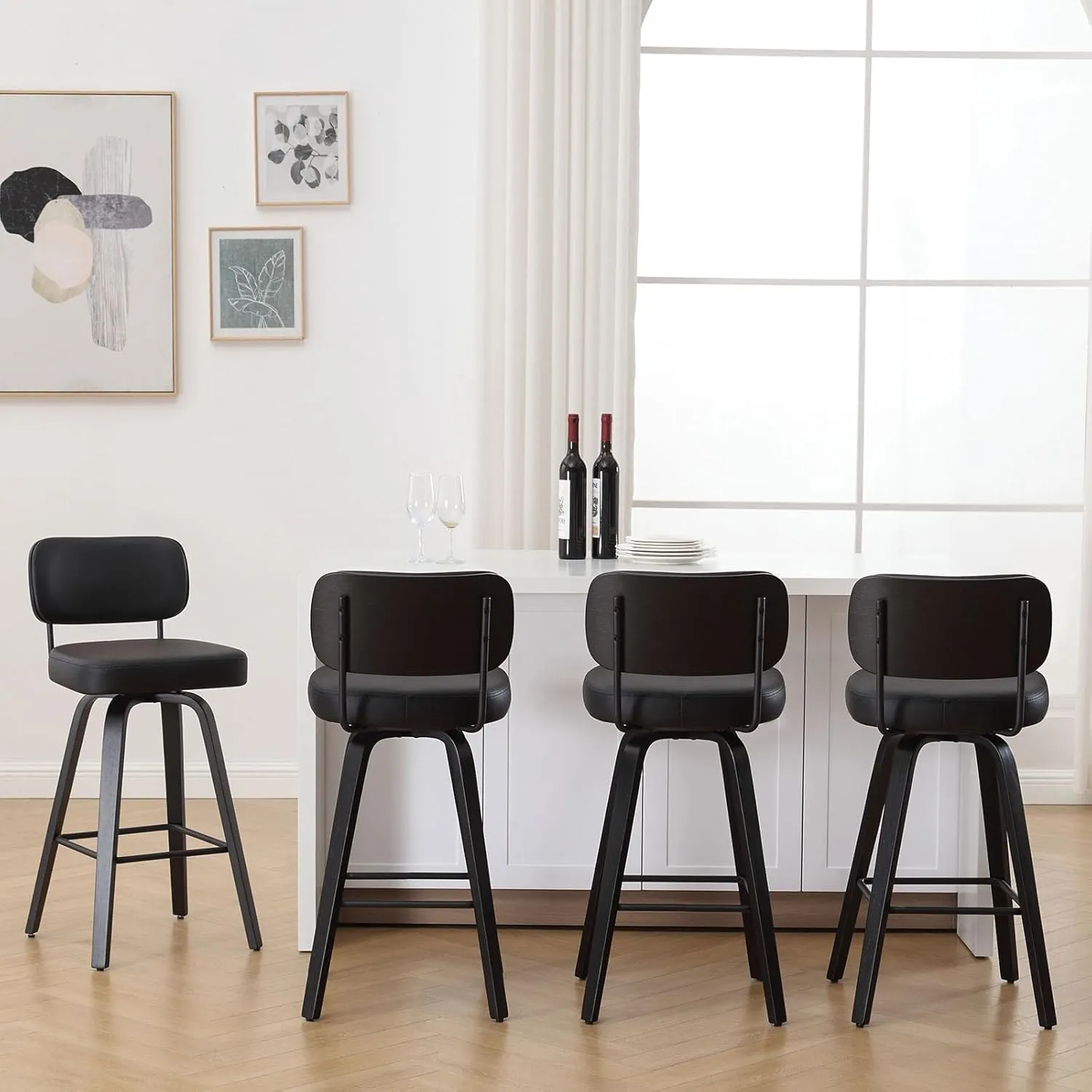 Swivel Counter Height Bar Stools Set of 4, 26" Upholstered Faux Leather Barstools with Back, Bar Chairs Island Stools for Kitchen Counter, Black Wood Frame, Black