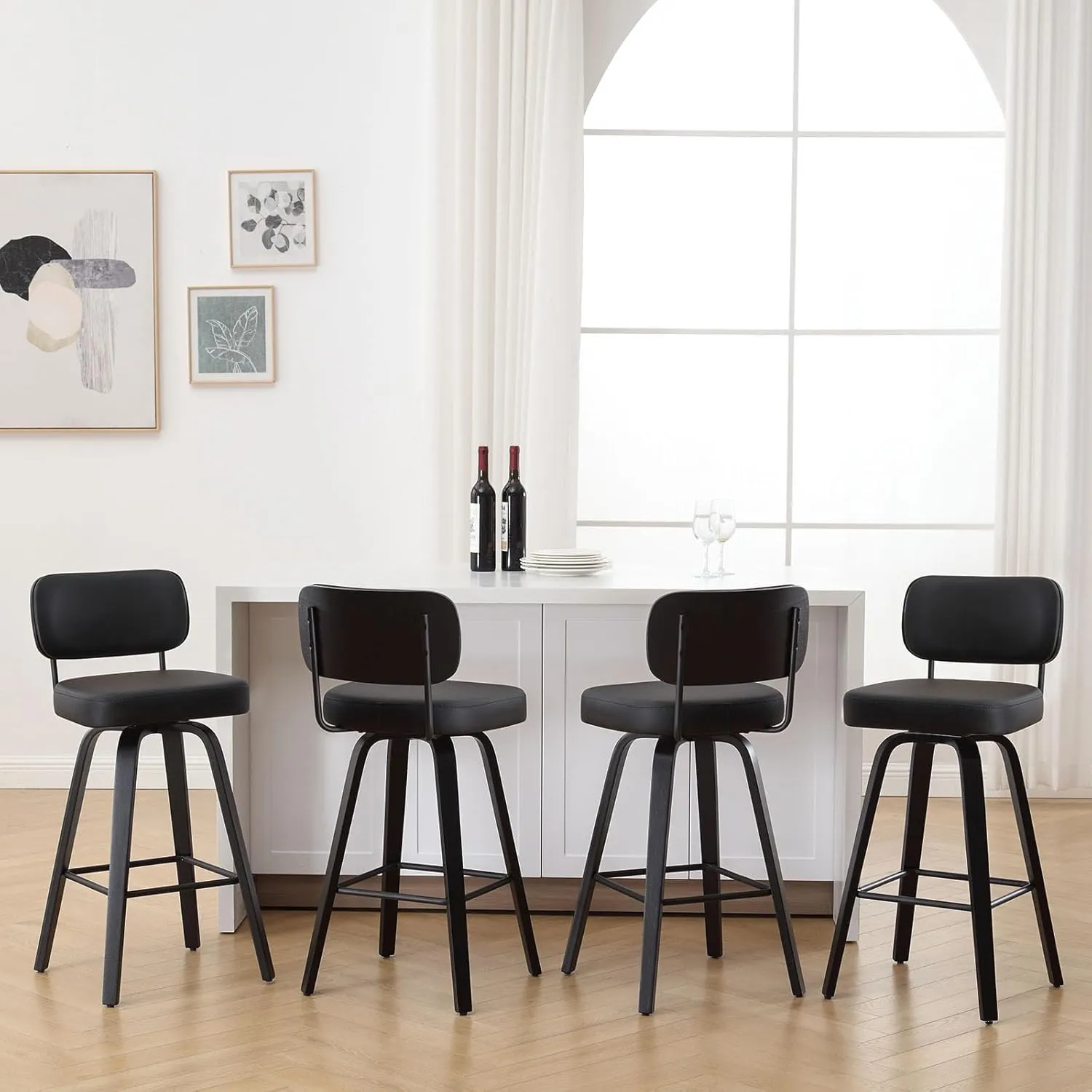 Swivel Counter Height Bar Stools Set of 4, 26" Upholstered Faux Leather Barstools with Back, Bar Chairs Island Stools for Kitchen Counter, Black Wood Frame, Black
