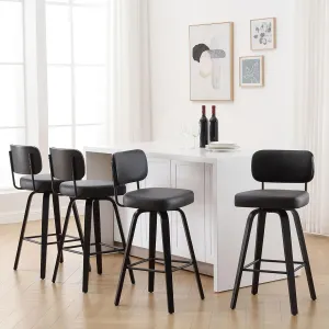 Swivel Counter Height Bar Stools Set of 4, 26" Upholstered Faux Leather Barstools with Back, Bar Chairs Island Stools for Kitchen Counter, Black Wood Frame, Black
