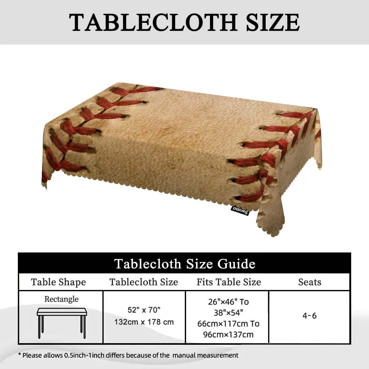Swono Tablecloth Baseball, Sport Leather Old Worn Ball Football Table Cloth for Kitchen Dining Tabletop Decoration Parties Weddings, 52 X 70 Inch Rectangle Tablecloth