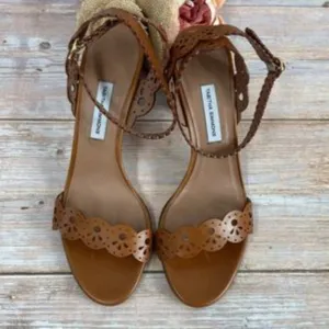 Tabitha Simmons Bobbin Brown Laser Cut Metallic Leather Sandals 39