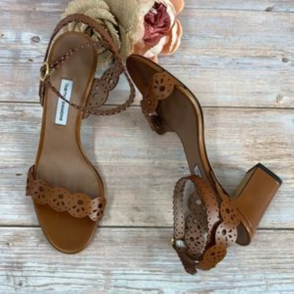 Tabitha Simmons Bobbin Brown Laser Cut Metallic Leather Sandals 39