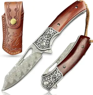 TACTICAL GEARZ Pocket Folding Knife w/Damascus Blade, Rosewood/Steel Handle, Includes Custom Stitched Leather Sheath (Keto)