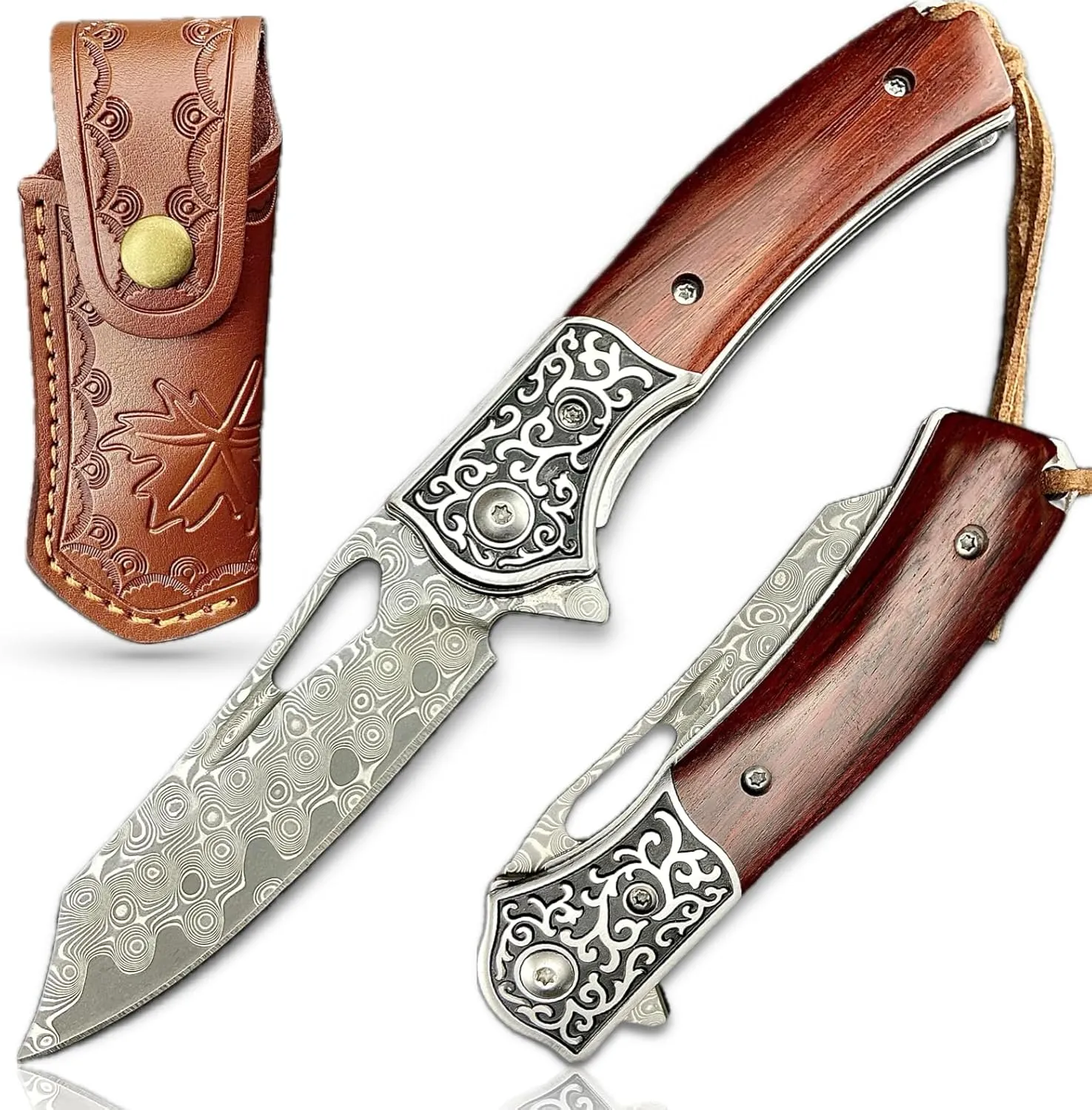 TACTICAL GEARZ Pocket Folding Knife w/Damascus Blade, Rosewood/Steel Handle, Includes Custom Stitched Leather Sheath (Keto)