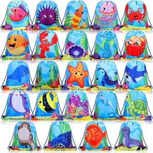 Talltalk 24 Pcs Ocean Animal Theme Drawstring Backpack Bag Cute Colorful Sport Gym Drawstring Bag Yoga Backpack for Men Women Boys Girls Kids