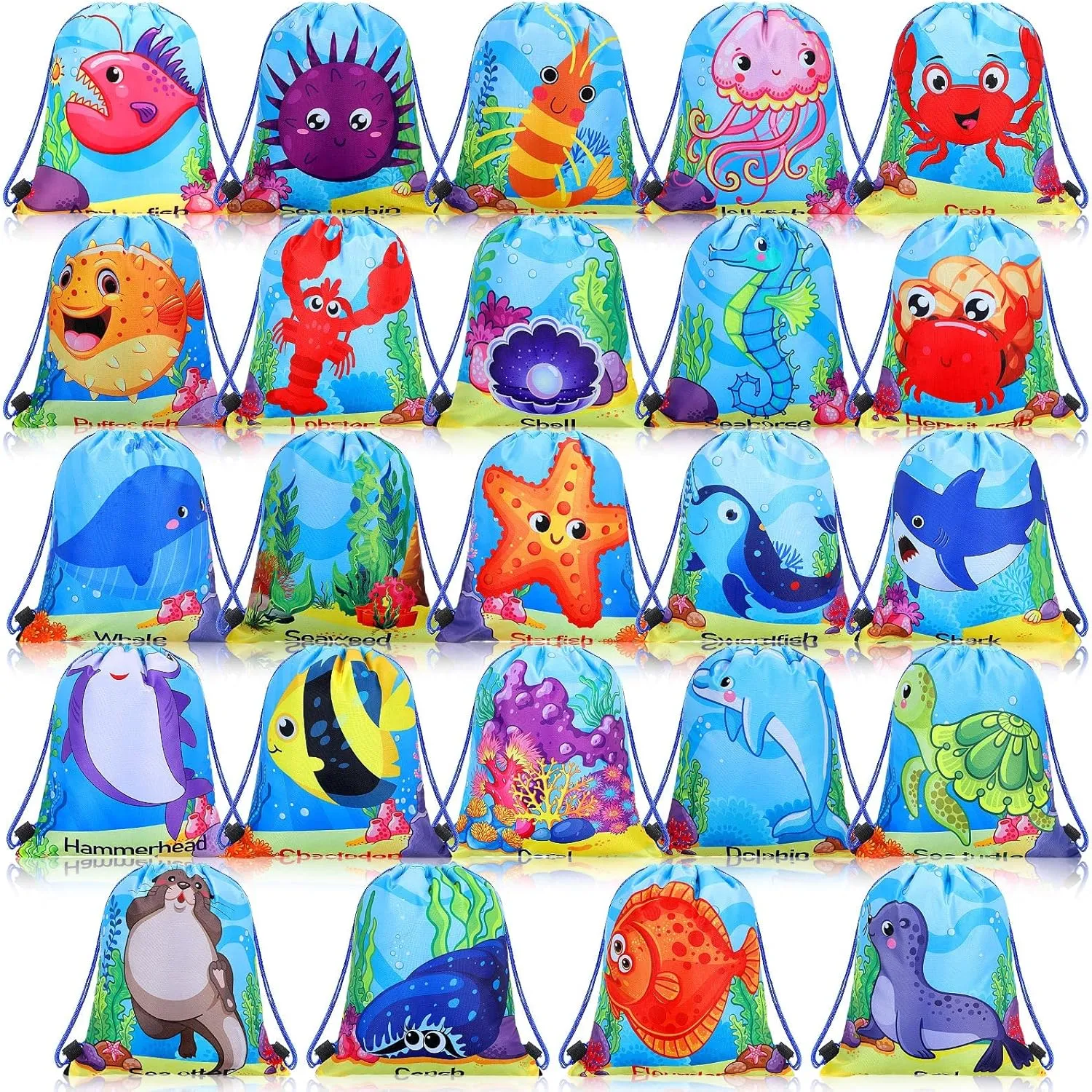 Talltalk 24 Pcs Ocean Animal Theme Drawstring Backpack Bag Cute Colorful Sport Gym Drawstring Bag Yoga Backpack for Men Women Boys Girls Kids
