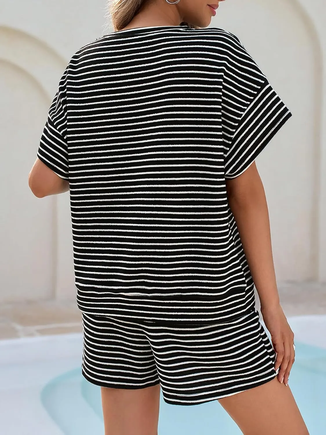 Tankaneo Womens Pajamas 2 Piece Lounge Sets Striped Short Sleeve T Shirts Drawstring Shorts Matching Set