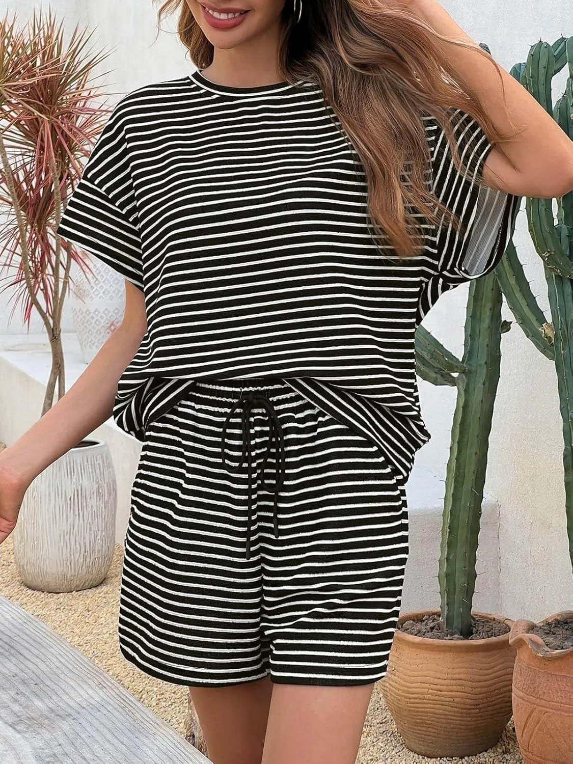 Tankaneo Womens Pajamas 2 Piece Lounge Sets Striped Short Sleeve T Shirts Drawstring Shorts Matching Set