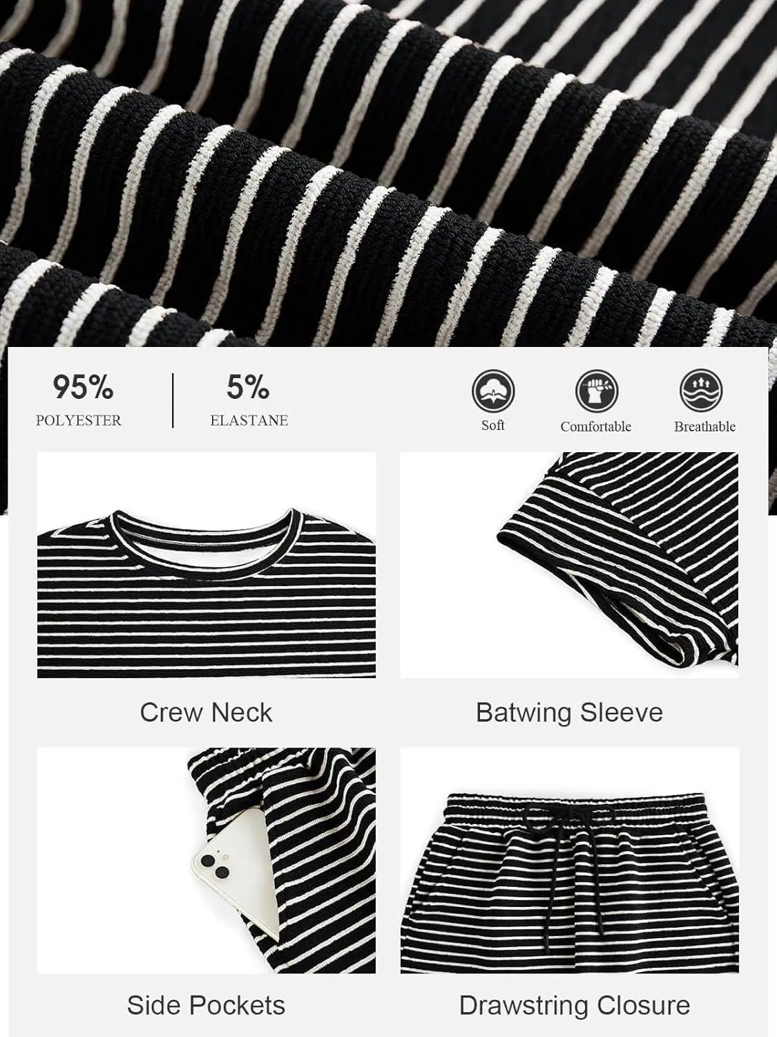 Tankaneo Womens Pajamas 2 Piece Lounge Sets Striped Short Sleeve T Shirts Drawstring Shorts Matching Set