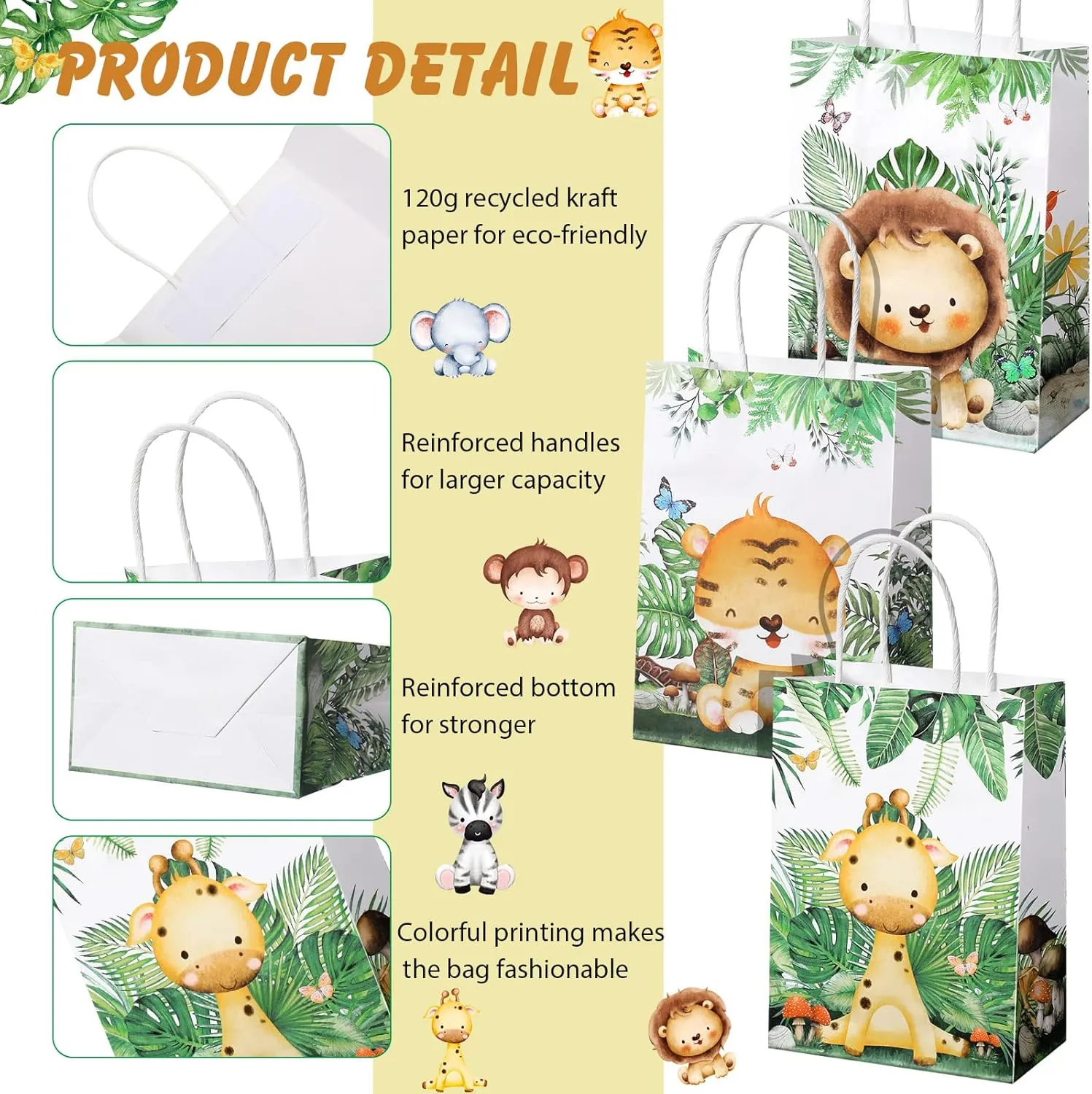 TaoBary Safari Party Favors Animal Goodie Treat Bags with Handles Lion Tiger Elephant Monkey Giraffe Gift Bags for Kids Safari Themed Party Birthday Baby Shower Supplies(24 Pcs,Watercolor Style)