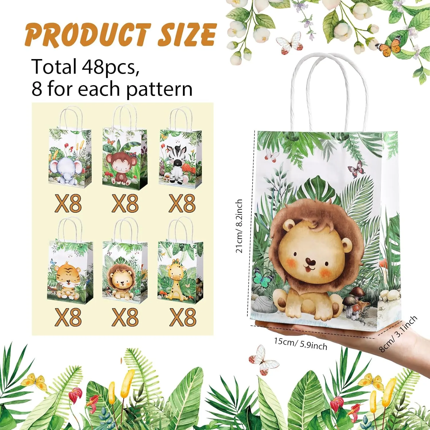 TaoBary Safari Party Favors Animal Goodie Treat Bags with Handles Lion Tiger Elephant Monkey Giraffe Gift Bags for Kids Safari Themed Party Birthday Baby Shower Supplies(24 Pcs,Watercolor Style)