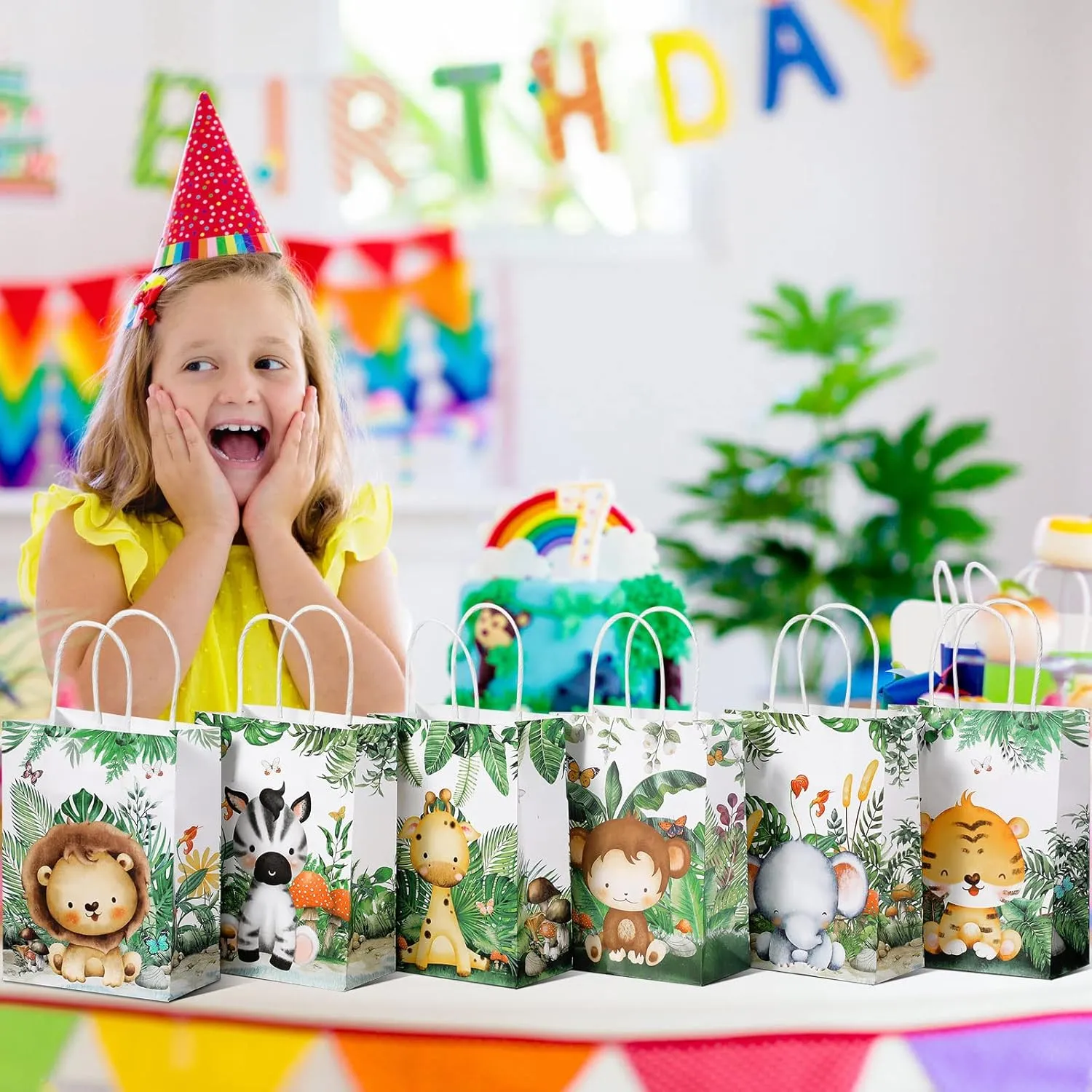 TaoBary Safari Party Favors Animal Goodie Treat Bags with Handles Lion Tiger Elephant Monkey Giraffe Gift Bags for Kids Safari Themed Party Birthday Baby Shower Supplies(24 Pcs,Watercolor Style)