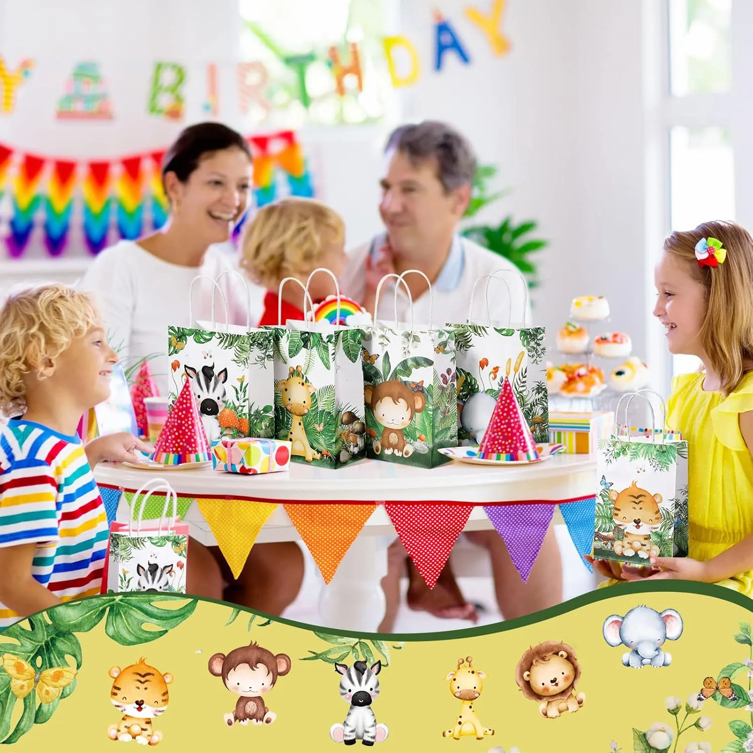 TaoBary Safari Party Favors Animal Goodie Treat Bags with Handles Lion Tiger Elephant Monkey Giraffe Gift Bags for Kids Safari Themed Party Birthday Baby Shower Supplies(24 Pcs,Watercolor Style)