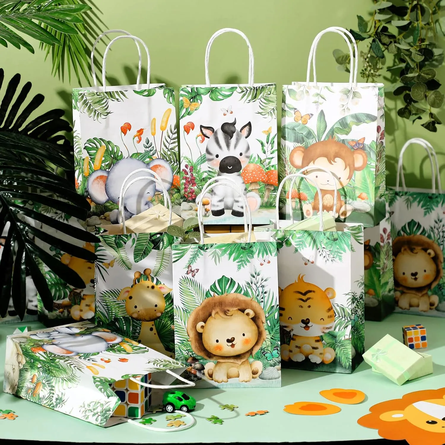 TaoBary Safari Party Favors Animal Goodie Treat Bags with Handles Lion Tiger Elephant Monkey Giraffe Gift Bags for Kids Safari Themed Party Birthday Baby Shower Supplies(24 Pcs,Watercolor Style)