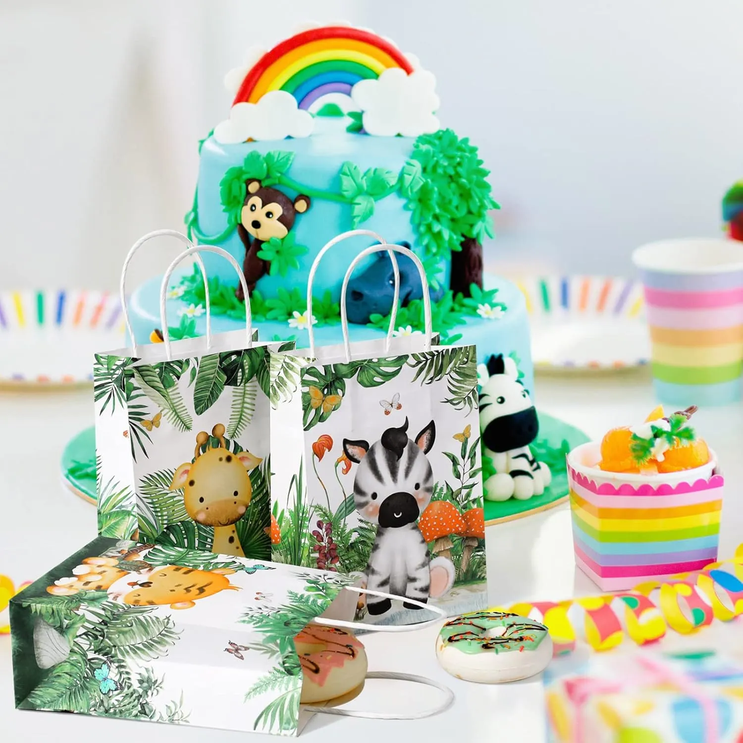 TaoBary Safari Party Favors Animal Goodie Treat Bags with Handles Lion Tiger Elephant Monkey Giraffe Gift Bags for Kids Safari Themed Party Birthday Baby Shower Supplies(24 Pcs,Watercolor Style)
