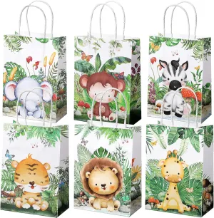 TaoBary Safari Party Favors Animal Goodie Treat Bags with Handles Lion Tiger Elephant Monkey Giraffe Gift Bags for Kids Safari Themed Party Birthday Baby Shower Supplies(24 Pcs,Watercolor Style)