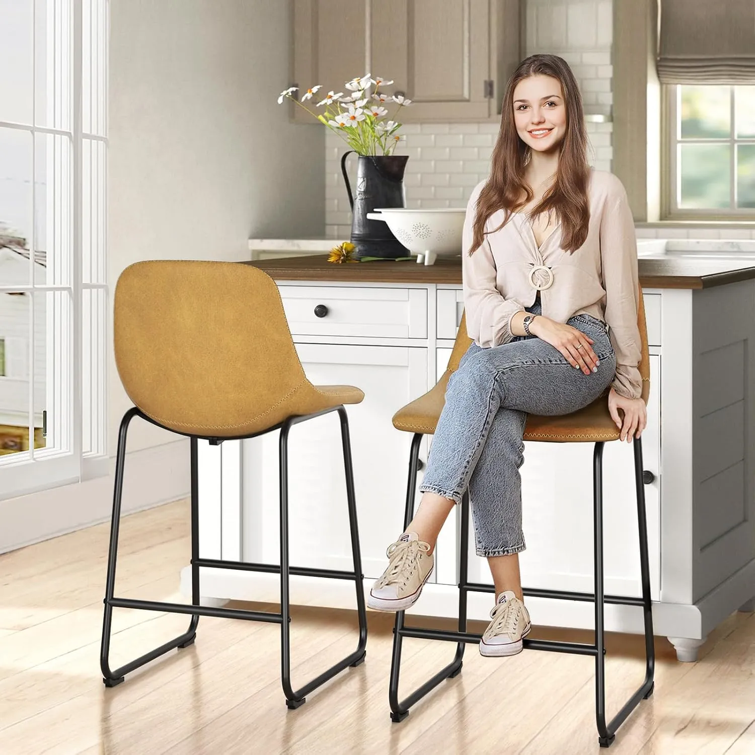 TAVR Furniture Counter Height Bar Chairs Set of 3, Yellow Modern Counter Stools with Back & Metal Legs, Armless Dining Chairs for Kitchen Island Coffee Shop