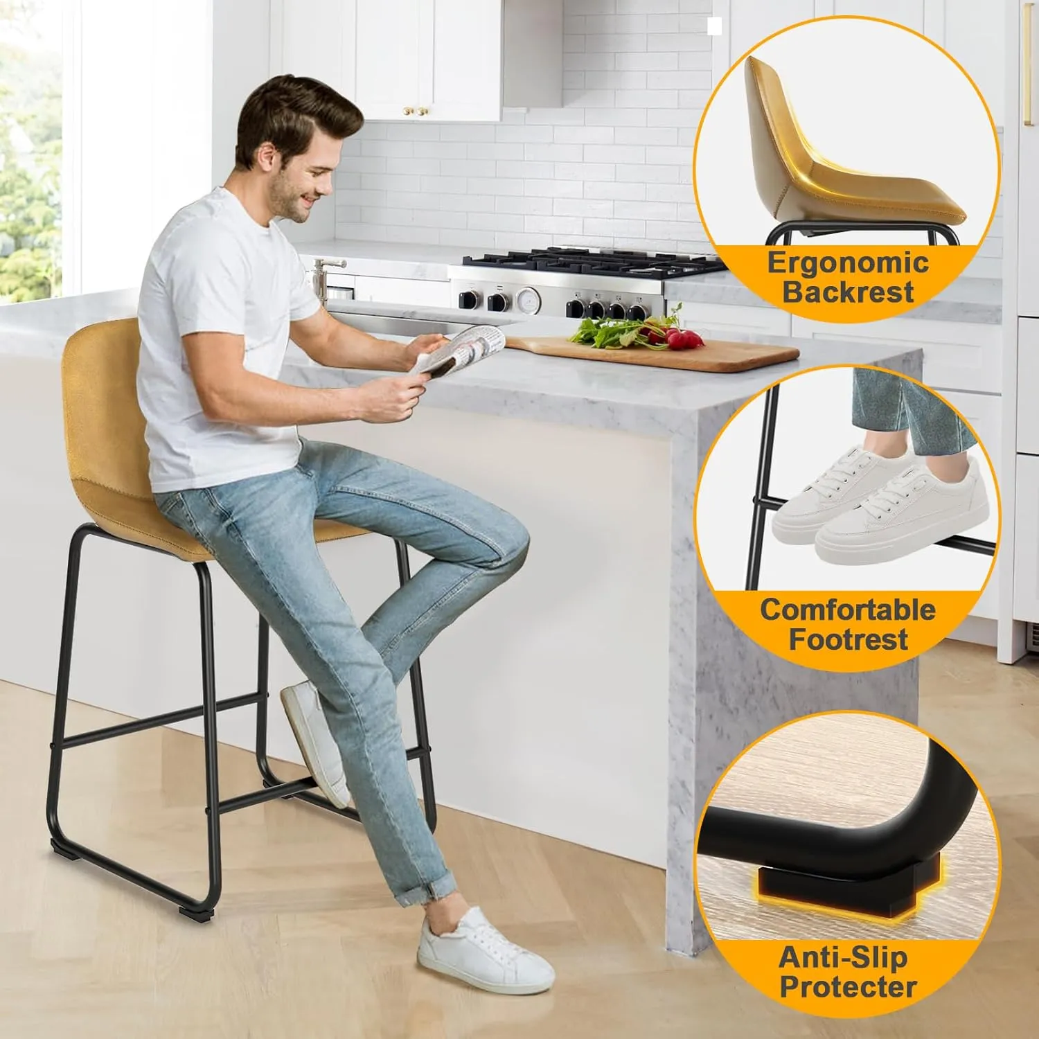 TAVR Furniture Counter Height Bar Chairs Set of 3, Yellow Modern Counter Stools with Back & Metal Legs, Armless Dining Chairs for Kitchen Island Coffee Shop