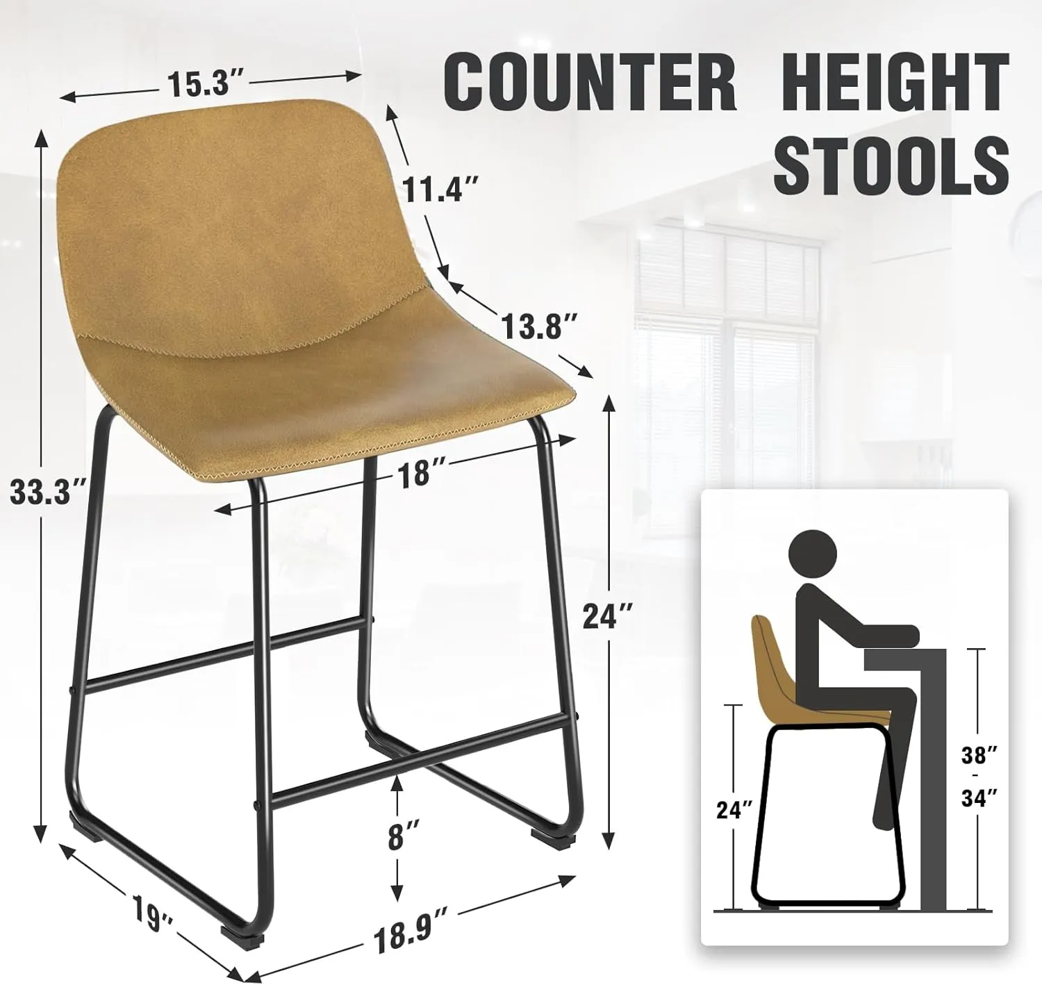 TAVR Furniture Counter Height Bar Chairs Set of 3, Yellow Modern Counter Stools with Back & Metal Legs, Armless Dining Chairs for Kitchen Island Coffee Shop