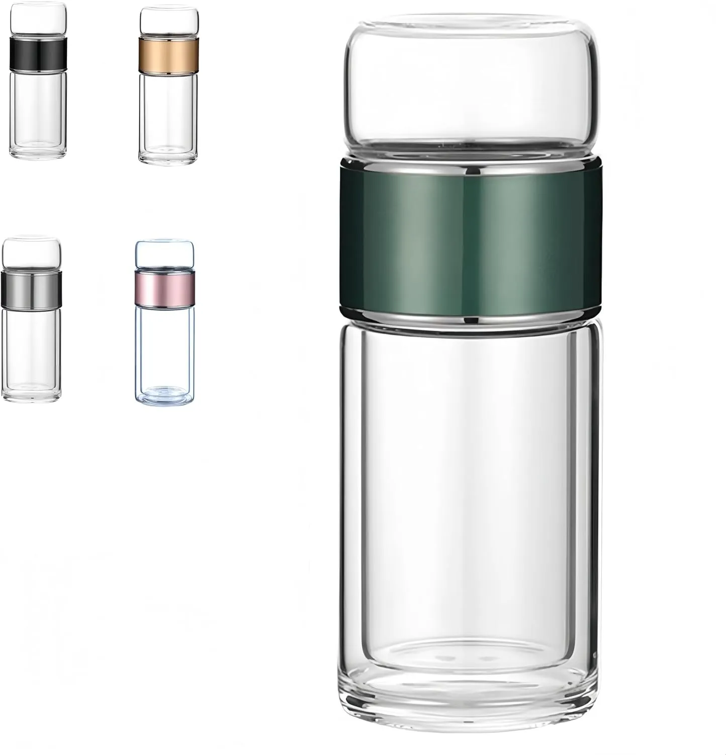 Tea Infuser Bottle Tea and water separation， Double-layer glass leak-proof water bottle with stainless steel filter，Travel office home with gift (Green, 350ml)
