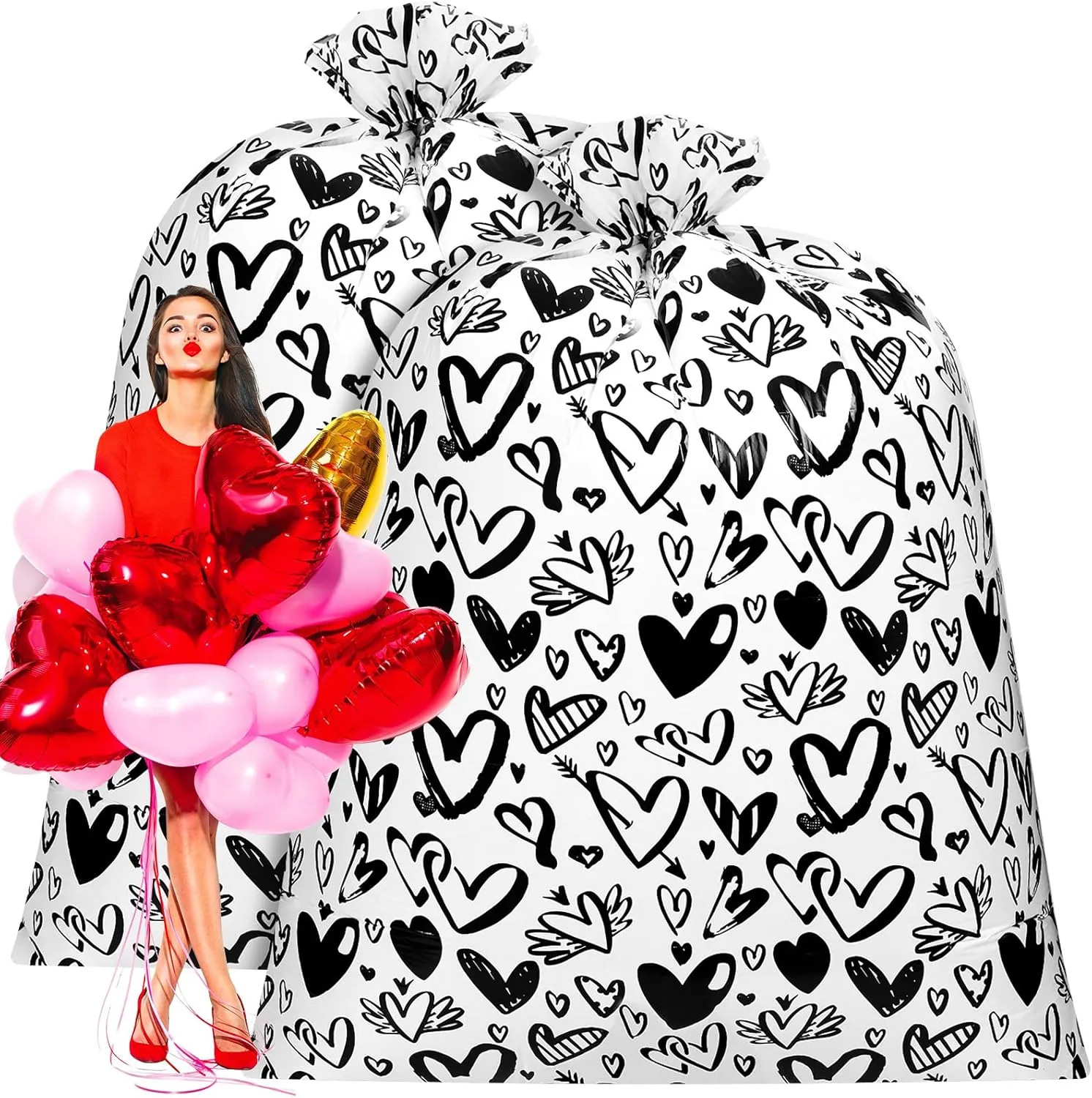 Teling 2 Pcs 80 x 60 in Valentine‘s Day Extra Large Bike Gift Bags Oversized Heart Large Plastic Bags for Valentines Day, Weddings, Bridal Showers, Anniversary(Black Heart)