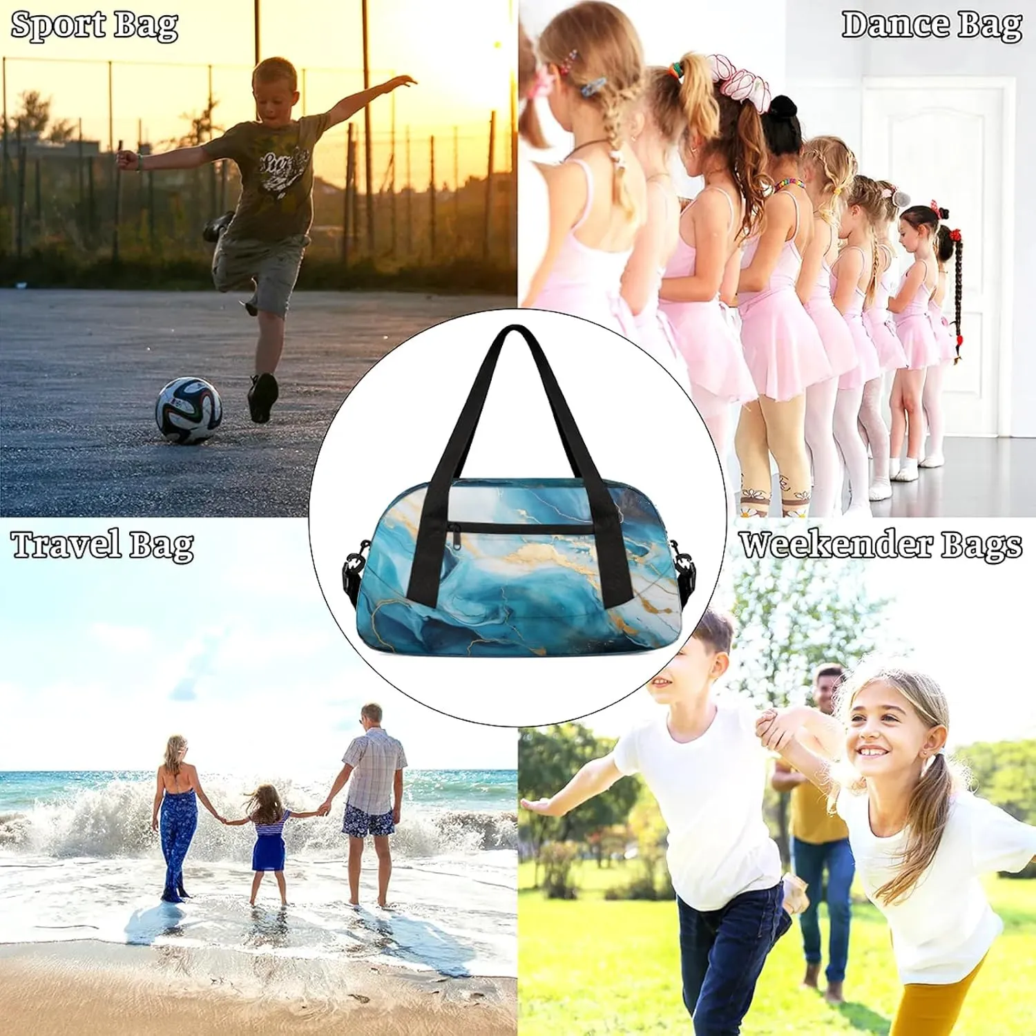Texture Marble Pattern Kids Duffel Bag Lightweight Waterproof Sports Gym Bag with Front Zipper Pocket Foldable Weekender Overnight Bag for School Practice Gymnastic Ballet