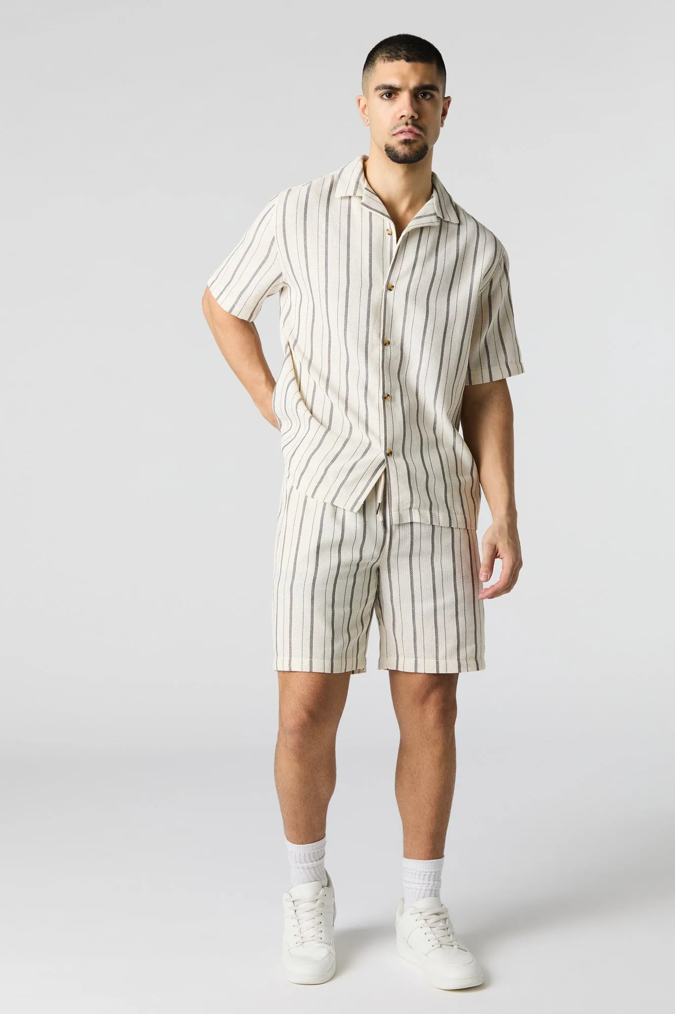 Textured Striped Knit Drawstring Short