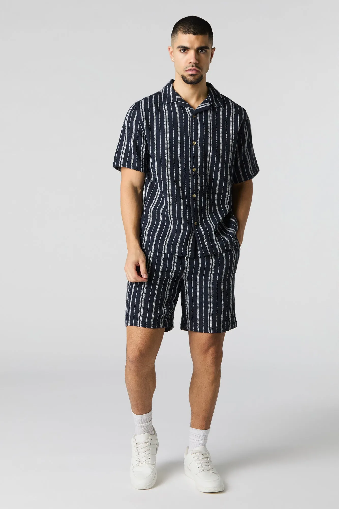 Textured Striped Knit Drawstring Short