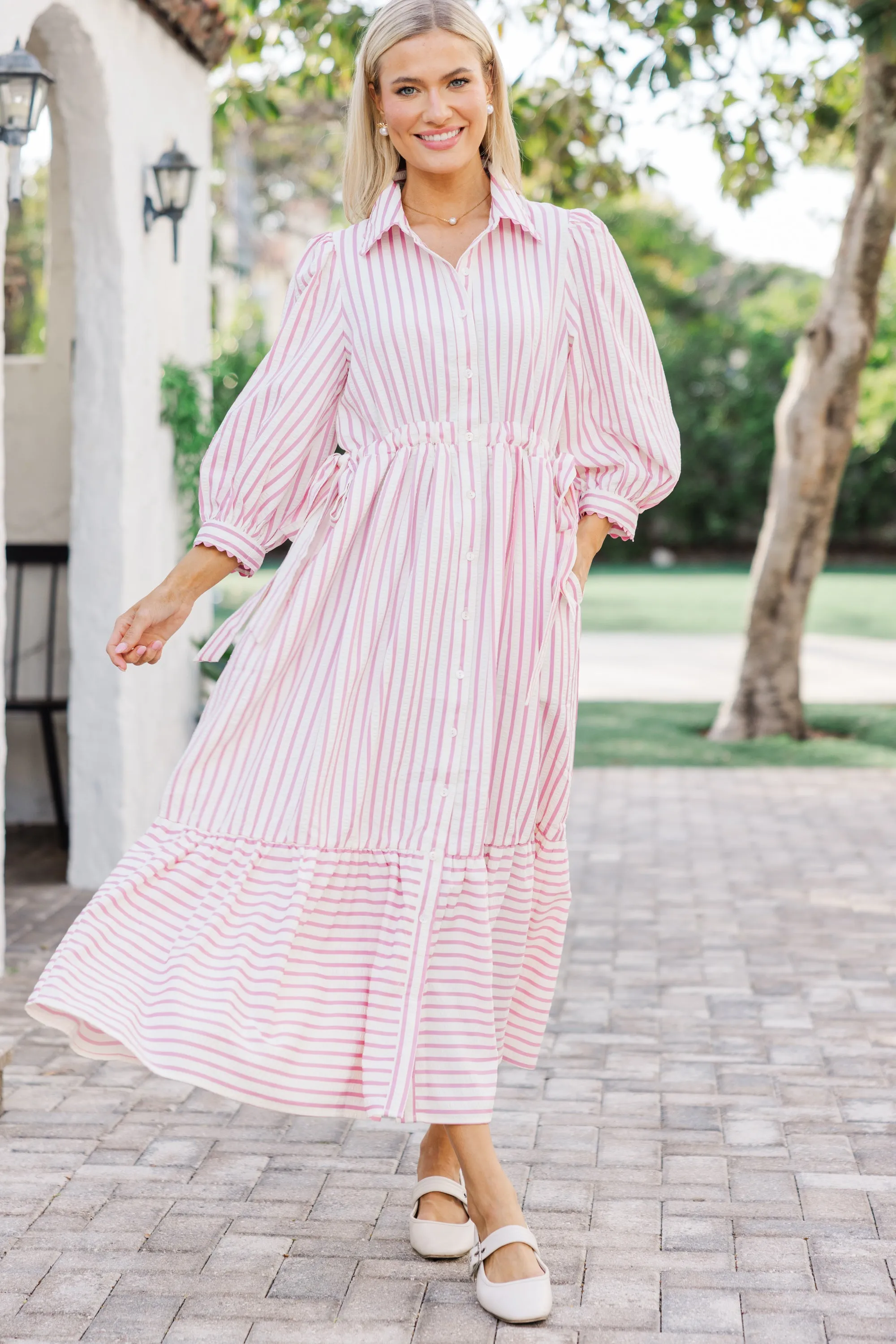 The Beauty Pink Striped Midi Dress