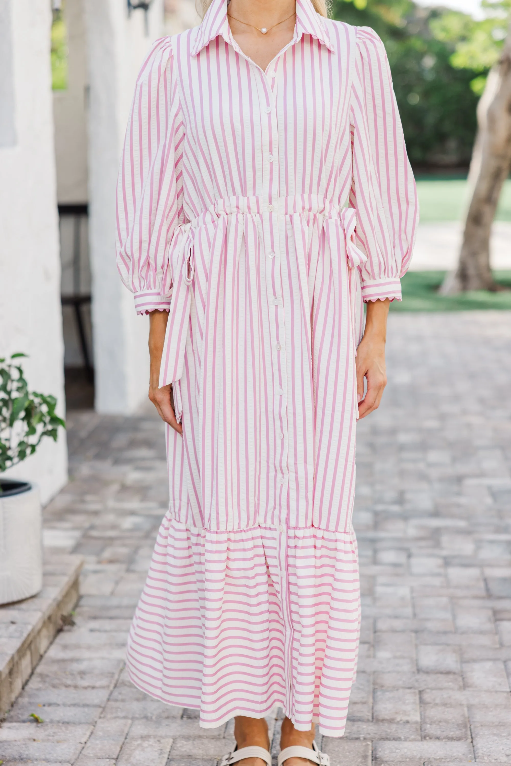 The Beauty Pink Striped Midi Dress