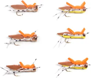 The Fly Fishing Place Morrish Hopper Trout Fly Fishing Flies - Foam Body Grasshopper Dry Fly - 6 Flies - 3 Yellow, 3 Tan - Hook Size 10