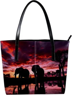 The Tote Bag For Women,Bags For Women,Reusable Shopping Bags,African Sunset Grassland Elephant Handbags