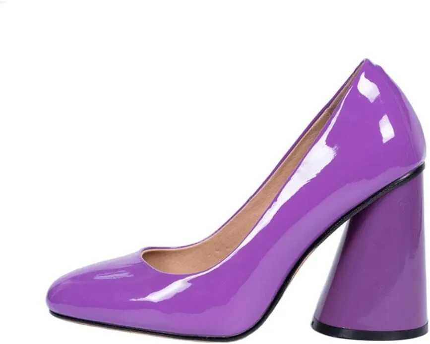 TinaCus Handmade Women's Patent Leather Slip On Round Toe High Cone Heel Pumps Shoes