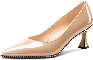 TNYNFBEB Womens Kitten Heel Pointed Toe Pumps Slip-on Sliver Beaded Prom Wedding Dress Basic Classic Patent Leather Summer 2.6 Inches Heels