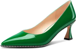 TNYNFBEB Womens Kitten Heel Pointed Toe Pumps Slip-on Sliver Beaded Prom Wedding Dress Basic Classic Patent Leather Summer 2.6 Inches Heels