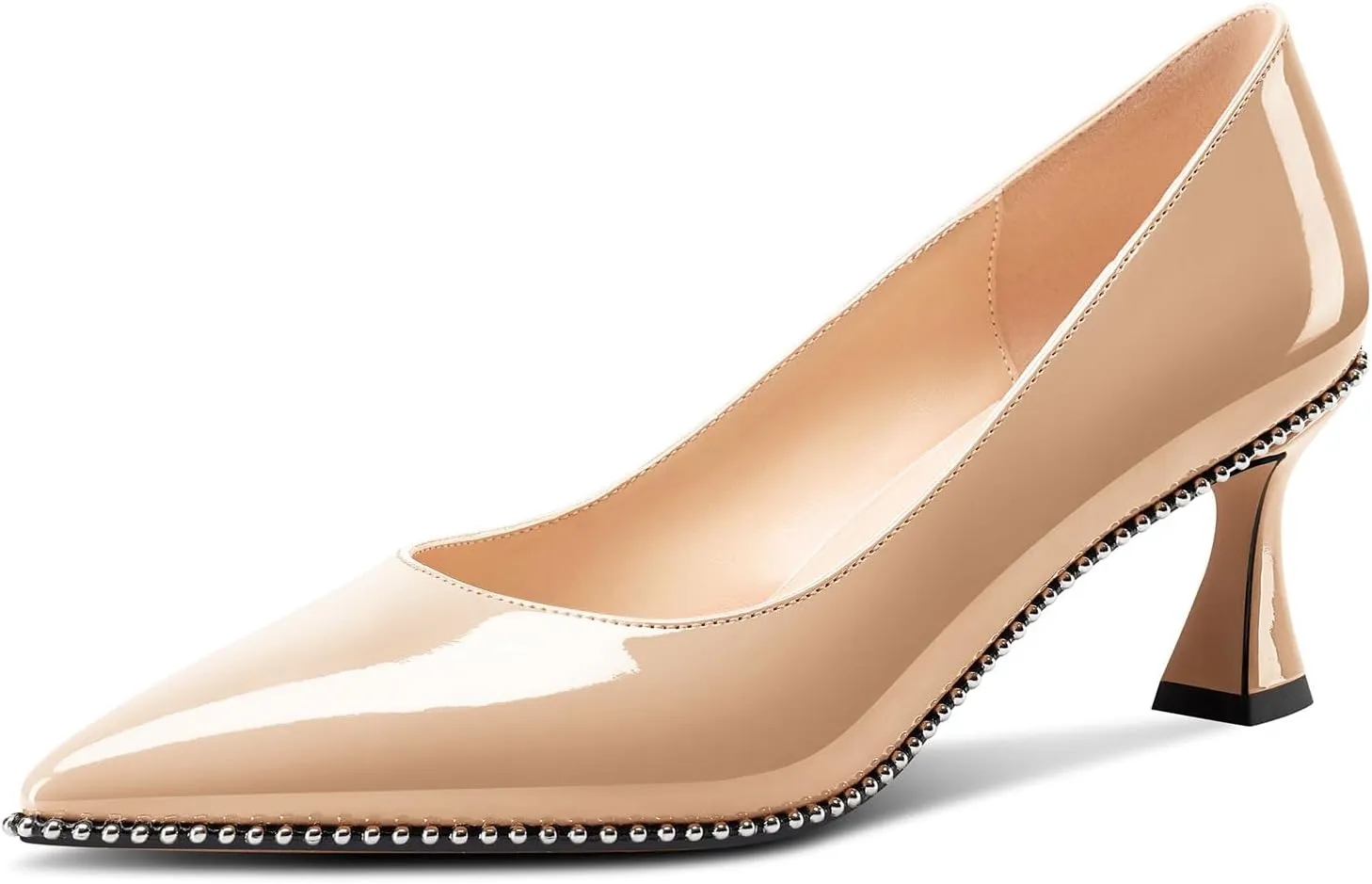 TNYNFBEB Womens Kitten Heel Pointed Toe Pumps Slip-on Sliver Beaded Prom Wedding Dress Basic Classic Patent Leather Summer 2.6 Inches Heels