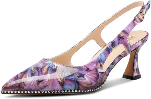 TNYNFBEB Womens Kitten Heel Pointed Toe Pumps Sliver Beaded Slingback Slip-on Buckle Prom Dress Basic Classic Patent Leather Summer 2.6 Inches Heels