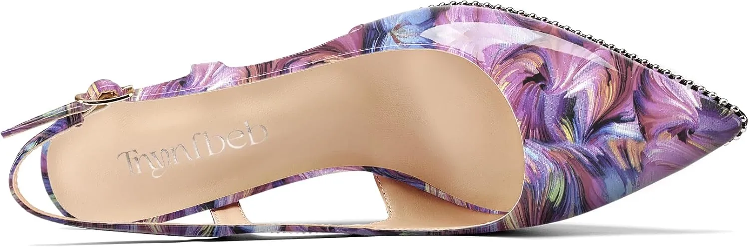 TNYNFBEB Womens Kitten Heel Pointed Toe Pumps Sliver Beaded Slingback Slip-on Buckle Prom Dress Basic Classic Patent Leather Summer 2.6 Inches Heels