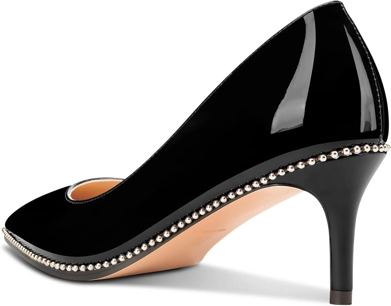 TNYNFBEB Womens Mid Heel Close Pointed Toe Pumps Slip-on Silver Beaded Prom Party Dress Patent Leather 2.4 Inches Heels