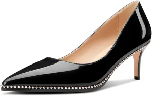 TNYNFBEB Womens Mid Heel Close Pointed Toe Pumps Slip-on Silver Beaded Prom Party Dress Patent Leather 2.4 Inches Heels