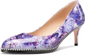 TNYNFBEB Womens Mid Heel Round Toe Pumps Slip-on Silver Beaded Prom Dress Basic Classic Patent Leather 2.4 Inches Heels