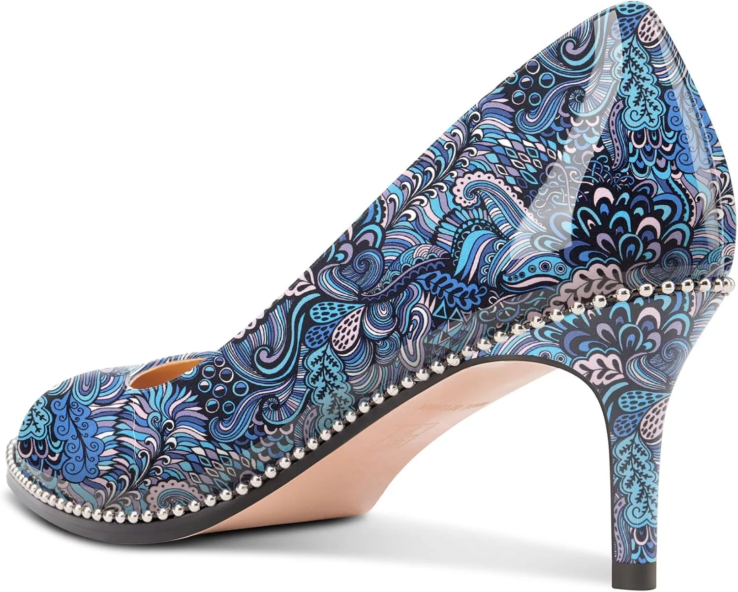 TNYNFBEB Womens Mid Heel Round Toe Pumps Slip-on Silver Beaded Prom Dress Basic Classic Patent Leather 2.4 Inches Heels