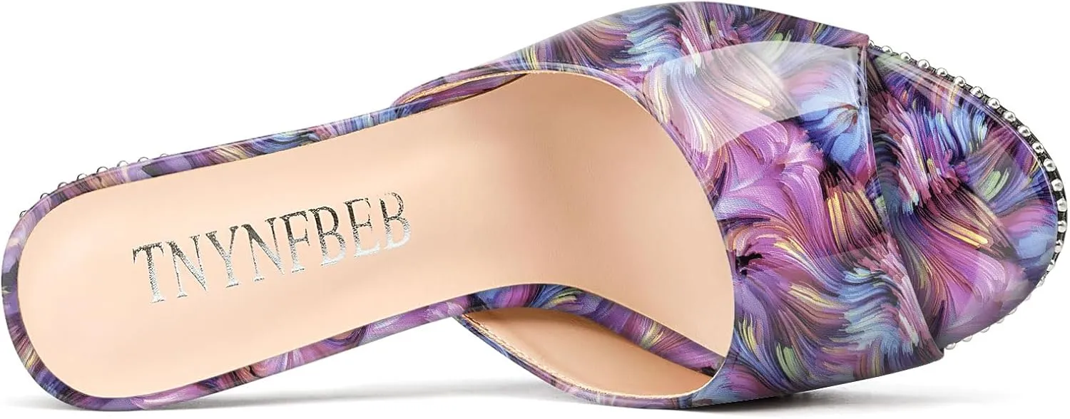 TNYNFBEB Womens Stiletto High Heel Peep Open Toe Sandals Mules Shoes Slingback Slip-on Silver Beaded Prom Party Dress Patent Leather 3.9 Inches Heels
