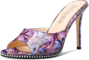 TNYNFBEB Womens Stiletto High Heel Peep Open Toe Sandals Mules Shoes Slingback Slip-on Silver Beaded Prom Party Dress Patent Leather 3.9 Inches Heels