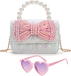 Toddler Girls Purse - Kids Handbag with Heart Shaped Sunglasses - White Purse for Girls Aged 2-14 - Toddler Crossbody Bag for Tea Parties, Family Outings