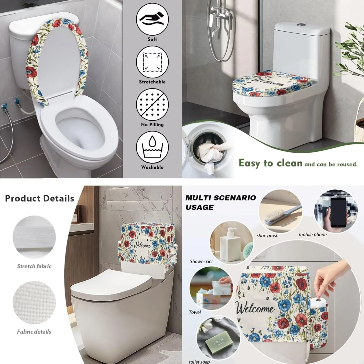 Toilet Lid Cover and Toilet Tank Lid Cover 2 Pieces,Welcome Flower Bathroom Accessories Indoor Decoration Fit for Most Round Elongated and Oblong Lids with Storage Bags