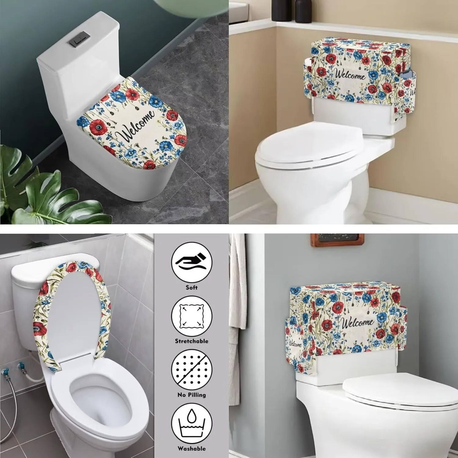 Toilet Lid Cover and Toilet Tank Lid Cover 2 Pieces,Welcome Flower Bathroom Accessories Indoor Decoration Fit for Most Round Elongated and Oblong Lids with Storage Bags