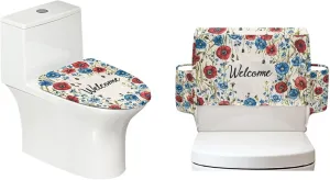 Toilet Lid Cover and Toilet Tank Lid Cover 2 Pieces,Welcome Flower Bathroom Accessories Indoor Decoration Fit for Most Round Elongated and Oblong Lids with Storage Bags