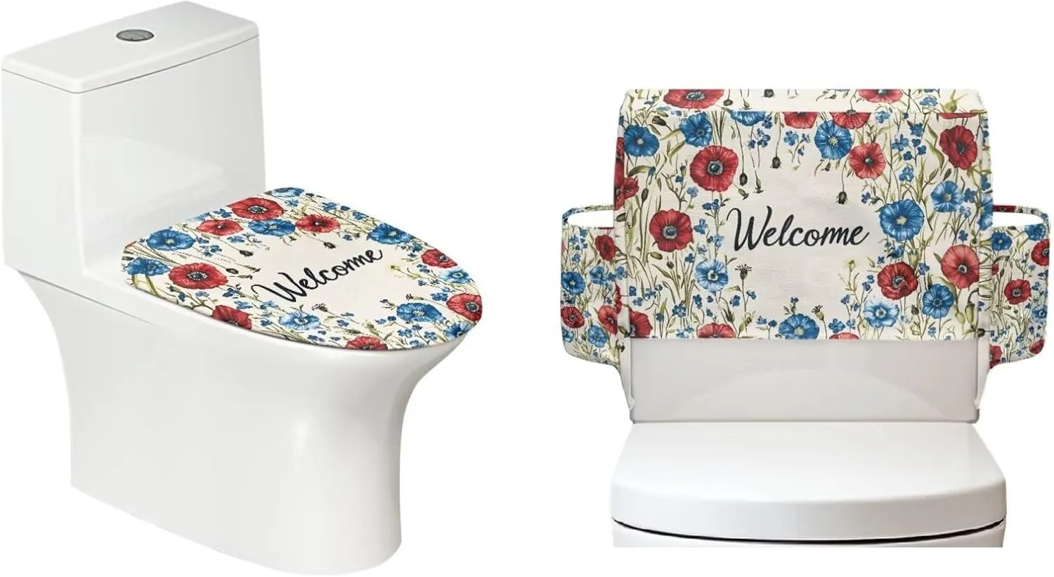 Toilet Lid Cover and Toilet Tank Lid Cover 2 Pieces,Welcome Flower Bathroom Accessories Indoor Decoration Fit for Most Round Elongated and Oblong Lids with Storage Bags